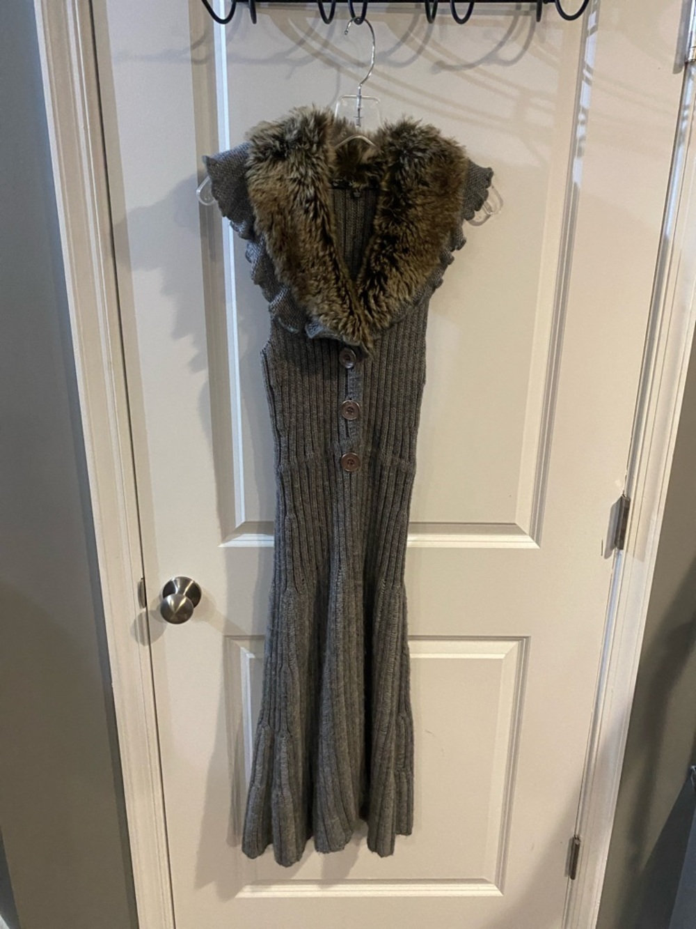 Ribbed Knit Maxi Dress with Faux Fur Collar - Gray